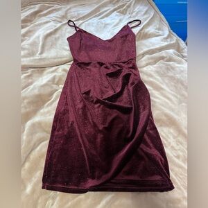 Celeb Elegant Burgundy Spaghetti Strap Velvet Sparkle Holiday Dress S